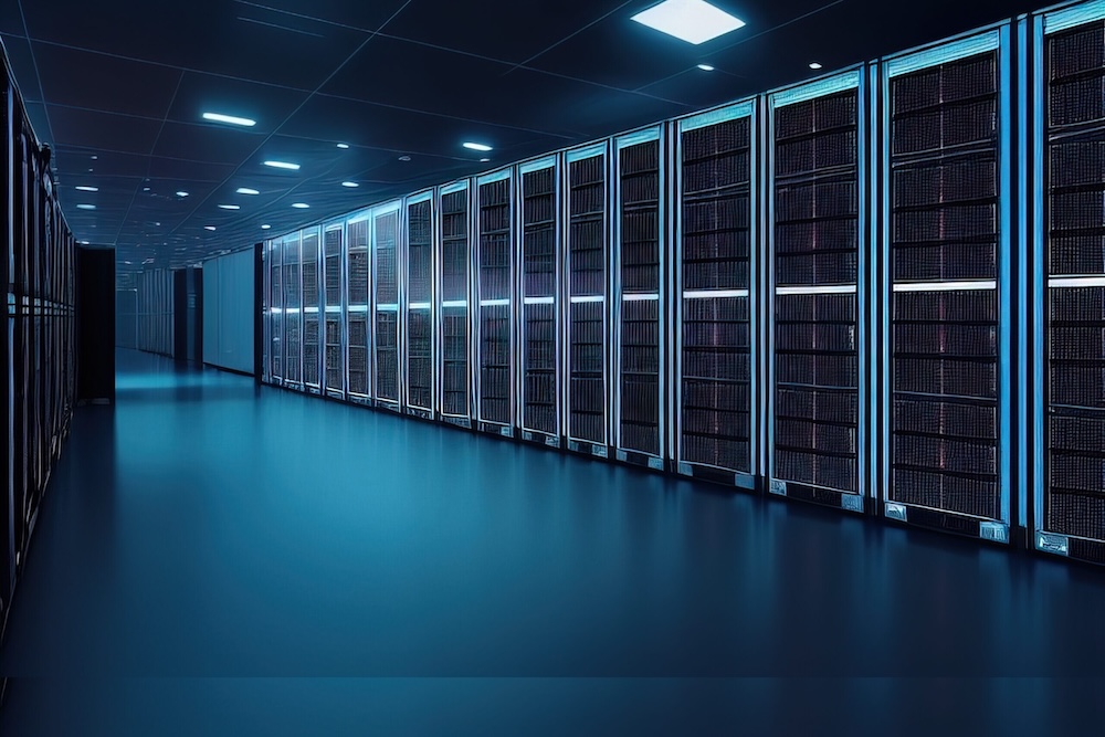 Server racks in computer network security server room data center. 3D render dark blue. Generative AI.